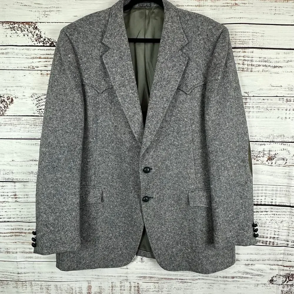 VTG The Great Western Gray Blazer Wool Tweed Western Elbow Patches USA Mens 44L
